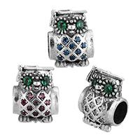 Thailand Sterling Silver European Bead, Owl, micro pave cubic zirconia & without troll, more colors for choice, 9x12x8mm, Hole:Approx 4.5mm, Sold By PC