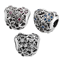 Thailand Sterling Silver European Bead, Heart, micro pave cubic zirconia & without troll & hollow, more colors for choice, 14x13x10mm, Hole:Approx 4.5mm, Sold By PC
