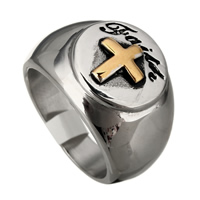 Inox ljudi prst prsten, Nehrđajući čelik, Križ, pozlaćen, sa slovom uzorkom & za čovjeka & u dvije nijanse & pocrniti, 16mm, Veličina:10, Prodano By PC