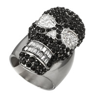 Rhinestone Finger Ring, Stainless Steel, with Clay Pave & Glass, Skull, for man & with rhinestone, 34mm, US Ring Size:9, Sold By PC