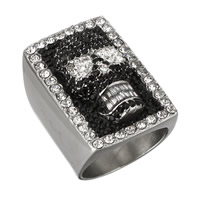 Rhinestone Stainless Steel Finger Ring with Clay Pave & Glass Skull for man & with rhinestone 32mm US Ring Sold By PC