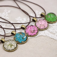 Floating Locket Necklace Zinc Alloy with Waxed Nylon Cord & Dried Flower & Glass with 1.9lnch extender chain Flat Round antique bronze color plated time gem jewelry & for woman Sold Per Approx 17.7 Inch Strand