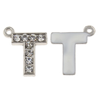 Tibetan Style Alphabet and number Pendants, Letter T, platinum color plated, with rhinestone, nickel, lead & cadmium free, 16.50x19x2mm, Hole:Approx 1mm, 100PCs/Bag, Sold By Bag