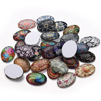 Glass Cabochon Flat Oval time gem jewelry & mixed pattern & with flower pattern & flat back & decal Sold By Bag