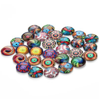 Sklo Kabošony, Flat Round, Doba gem šperky & smíšený model & s květinovým vzorem & rovný hřbet & štítek, 12mm, 30PC/Bag, Prodáno By Bag