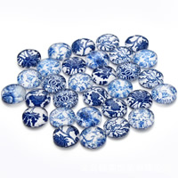 Glas Cabochoner, Flad Rund, blå og hvid porcelæn & tid perle smykker & blandet mønster & flad bagside & mærkat, 12mm, 30pc'er/Bag, Solgt af Bag