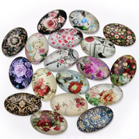 Cabochão de vidro, Oval achatado, tempo gem jóias & padrão misto & com padrão de flores & traseira plana & decalque, 20x30mm, 20PCs/Bag, vendido por Bag