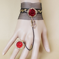Gothic Bracelet Ring, Lace, with Satin Ribbon & Resin Rhinestone & Tibetan Style, with 2.7lnch extender chain, plated, adjustable & for woman, nickel, lead & cadmium free, Sold Per Approx 5.1 Inch Strand