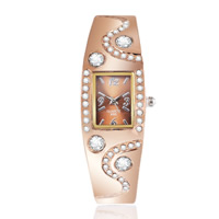 Cuff Watch, Tibetan Style, with Glass, rose gold color plated, for woman & with rhinestone, nickel, lead & cadmium free, 25mm, Inner Diameter:Approx 64mm, Length:Approx 8 Inch, Sold By PC