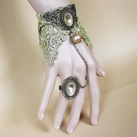 Gothic Bracelet Ring, Lace, with Crystal & Glass Pearl & Tibetan Style, with 2.7lnch extender chain, antique bronze color plated, adjustable & for woman & faceted, nickel, lead & cadmium free, US Ring Size:6, Sold Per Approx 5.1 Inch Strand