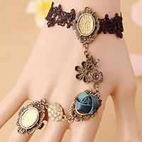 Gothic Bracelet Ring, Lace, with Satin Ribbon & Resin Rhinestone & Tibetan Style, with 2.7lnch extender chain, antique bronze color plated, adjustable & for woman, nickel, lead & cadmium free, 300mm, US Ring Size:6, Sold Per Approx 5.1 Inch Strand