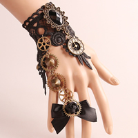 Gothic Bracelet Ring, Lace, with Satin Ribbon & Crystal & Tibetan Style, with 2.7lnch extender chain, antique bronze color plated, adjustable & for woman & faceted, nickel, lead & cadmium free, US Ring Size:6, Sold Per Approx 5.1 Inch Strand