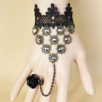 Gothic Bracelet Ring, Lace, with Crystal & Tibetan Style, with 2.7lnch extender chain, plated, adjustable & for woman & faceted, nickel, lead & cadmium free, US Ring Size:6, Sold Per Approx 5.1 Inch Strand