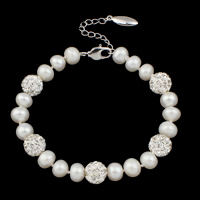 Freshwater Cultured Pearl Bracelet, Freshwater Pearl, with Clay Pave, brass lobster clasp, with 5cm extender chain, Dome, natural, with rhinestone, white, 8-9mm, Sold Per Approx 7 Inch Strand