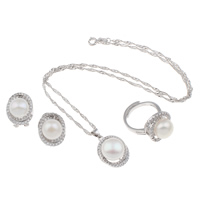 Комплекты украшений с жемчугом, кольцо & серьги & ожерелье, Пресноводные жемчуги, с Латунь, латунь раскладывающейся застежкой, латунь гвоздик, В форме кнопки, натуральный, Сингапур цепь & инкрустированное микро кубического циркония, белый, 11-12mm, размер:7-9, длина:17.5 дюймовый, продается указан