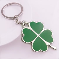 Bag Purse Charms Keyrings Keychains, Tibetan Style, with iron ring, Four Leaf Clover, platinum color plated, enamel, lead & cadmium free, 40x40mm, Hole:Approx 25mm, Sold By Strand