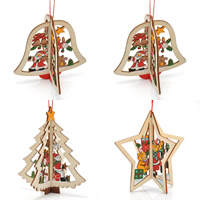 خشب شنقا الديكور, مصبوغ & مجوهرات عيد الميلاد & أنماط مختلفة للاختيار, 92x95mm, حفرة:تقريبا 1-2mm, 3جدائل/حقيبة, تباع بواسطة حقيبة