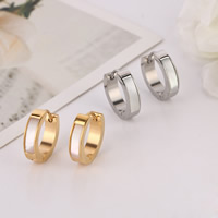 Stainless Steel Huggie Hoop Earring, with White Shell, plated, more colors for choice, 4x9mm, 24Pairs/Bag, Sold By Bag