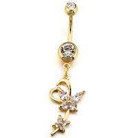 Rustfrit stål Belly Ring, Stainless Steel, Butterfly, 14K forgyldt, med cubic zirconia, 1.6x10mm, Solgt af PC