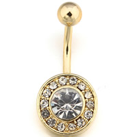 Stainless Steel Belly Ring, Flat Round, 14K gold plated, with cubic zirconia, 1.6x10mm, Sold By PC