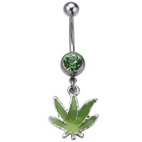 Stainless Steel Belly Ring Maple Leaf enamel & with rhinestone Sold By PC