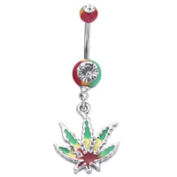 Stainless Steel Belly Ring, Maple Leaf, enamel & with rhinestone, 1.6x10mm, Sold By PC
