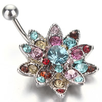 Anillo del vientre del acero inoxidable, Flor, con diamantes de imitación, color original, 1.6x10mm, Vendido por UD