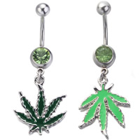 Stainless Steel Belly Ring, Leaf, enamel & with rhinestone, more colors for choice, 1.6x10mm, Sold By PC