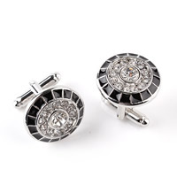 Cufflinks, Tibetan Style, Flat Round, platinum color plated, enamel & with rhinestone, lead & cadmium free, 20x20mm, Sold By Pair