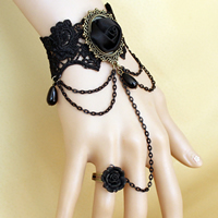Gothic Bracelet Ring, Lace, with Polymer Clay & Satin Ribbon & Glass & Tibetan Style, with 2.7lnch extender chain, plated, adjustable & for woman, nickel, lead & cadmium free, US Ring Size:6, Sold Per Approx 5.1 Inch Strand