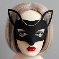 Fashion Party Maske, Filz, mit Eisenkette & Spitze & Satinband, goldfarben plattiert, Halloween Schmuck, schwarz, frei von Nickel, Blei & Kadmium, 63mm, verkauft von PC