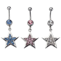 Stainless Steel Belly Ring, Star, with rhinestone, more colors for choice, 1.6x10mm, Sold By PC