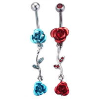 Stainless Steel Belly Ring, with aluminum flower ornament, Flower, electrophoresis, with rhinestone, more colors for choice, 1.6x10mm, Sold By PC