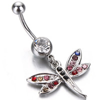 Stainless Steel Belly Ring Dragonfly with rhinestone original color Sold By PC