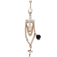 Stainless Steel Belly Ring Cross gold color plated with rhinestone Sold By PC