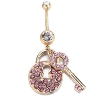 Stainless Steel Belly Ring, Key, gold color plated, with rhinestone, 1.6x10mm, Sold By PC