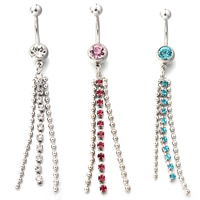 Stainless Steel Belly Ring, Tassel, with rhinestone, more colors for choice, 1.6x10mm, Sold By PC