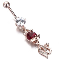 Rustfrit stål Belly Ring, Stainless Steel, rosa guld farve forgyldt, med rhinestone, 1.6x10mm, Solgt af PC