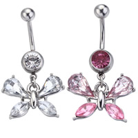 Stainless Steel Belly Ring with Crystal Butterfly faceted & with rhinestone Sold By PC