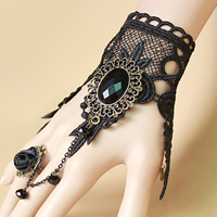Gothic Bracelet Ring, Lace, with Satin Ribbon & Crystal & Tibetan Style, with 2.7lnch extender chain, plated, for woman & faceted, nickel, lead & cadmium free, US Ring Size:6, Sold Per Approx 5.1 Inch Strand