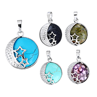 Gemstone Pendants Jewelry, with Brass, Flat Round, platinum color plated, natural & different materials for choice & with star pattern, more colors for choice, nickel, lead & cadmium free, 23x28x9mm, Hole:Approx 5x7mm, Sold By PC