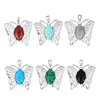 Gemstone Pendants Jewelry, with Brass, Butterfly, platinum color plated, natural & different materials for choice & hollow, more colors for choice, nickel, lead & cadmium free, 44x42x7mm, Hole:Approx 5x7mm, Sold By PC