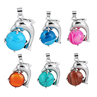 Gemstone Pendants Jewelry, with Brass, Dolphin, platinum color plated, natural & different materials for choice, more colors for choice, nickel, lead & cadmium free, 23x30x7.50mm, Hole:Approx 4x4.3mm, Sold By PC