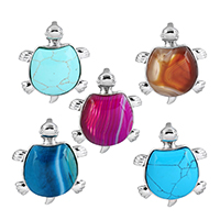 Gemstone Pendants Jewelry, with Brass, Turtle, platinum color plated, natural & different materials for choice, more colors for choice, nickel, lead & cadmium free, 33.50x42x9mm, Hole:Approx 4x7mm, Sold By PC
