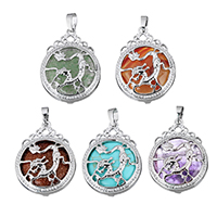 Gemstone Pendants Jewelry, with Brass, Flat Round, platinum color plated, natural & different materials for choice, more colors for choice, nickel, lead & cadmium free, 26x34x8mm, Hole:Approx 5x7mm, Sold By PC