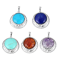 Gemstone Pendants Jewelry, with Brass, Flat Round, platinum color plated, natural & different materials for choice & hollow, more colors for choice, nickel, lead & cadmium free, 30x33x8mm, Hole:Approx 5.3x5.7mm, Sold By PC