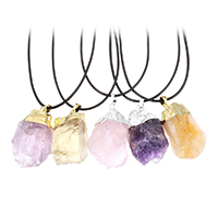Quartz Necklace, with PU Leather & Brass, with 2lnch extender chain, Nuggets, plated, natural & for woman, more colors for choice, nickel, lead & cadmium free, 19-33x34-38x18-28mm, 1.5mm, Sold Per Approx 17.5 Inch Strand
