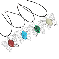 Natural Gemstone Necklace, with PU Leather & Brass, with 2lnch extender chain, Butterfly, platinum color plated, different materials for choice & for woman & hollow, nickel, lead & cadmium free, 44x42x7mm, 1.5mm, Sold Per Approx 17.5 Inch Strand