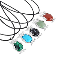 Natural Gemstone Necklace with PU Leather & Brass with 2lnch extender chain Owl platinum color plated & for woman nickel lead & cadmium free 1.5mm Sold Per Approx 17.5 Inch Strand