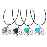 Natural Gemstone Necklace, with PU Leather & Brass, with 2lnch extender chain, Elephant, platinum color plated, different materials for choice & for woman, nickel, lead & cadmium free, 27x22x8.5mm, 1.5mm, Sold Per Approx 17.5 Inch Strand